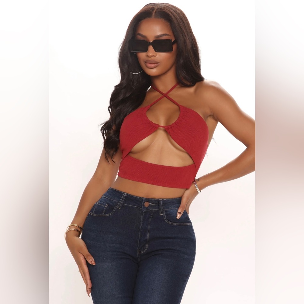 Fashion Nova: Hole In Your Story Cropped Top - Red